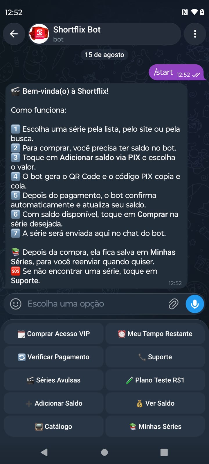 Menu de opções do Shortflix Bot