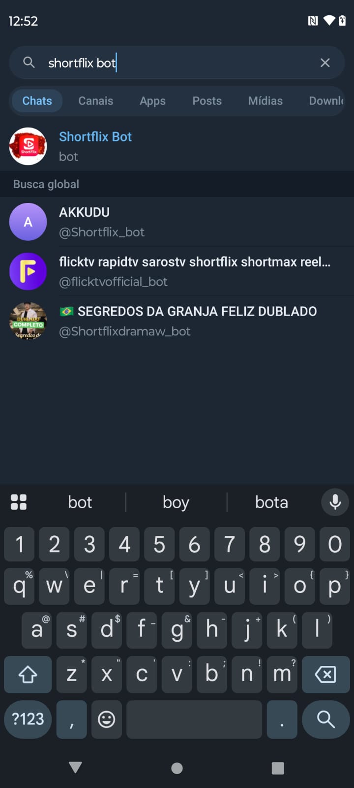 Pesquisa por shortflix bot no Telegram