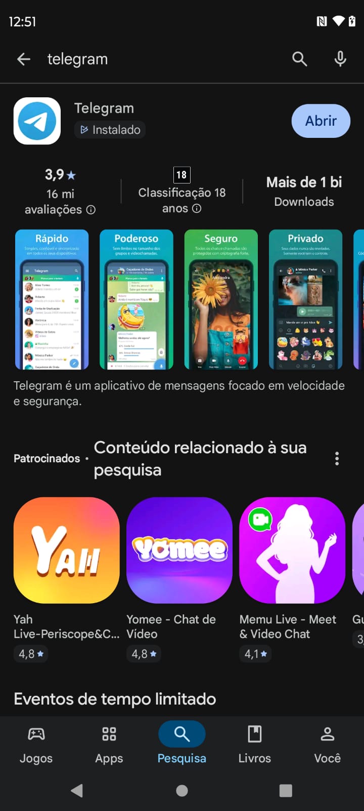 Tela para baixar ou abrir o Telegram